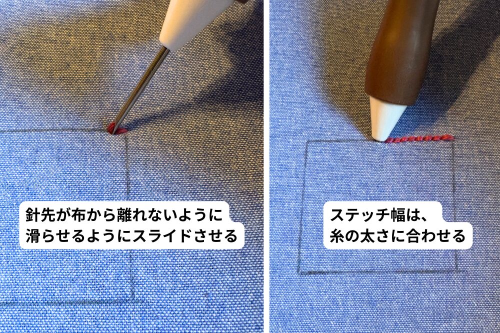 。針先が布から離れないようにスライドさせる。ステッチの幅は糸の太さに合わせる